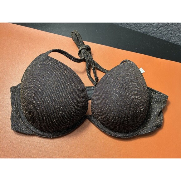 PINK Victoria's Secret Bikini Top L/G Black Gold Shimmer Padded Halter Swim - Picture 1 of 4